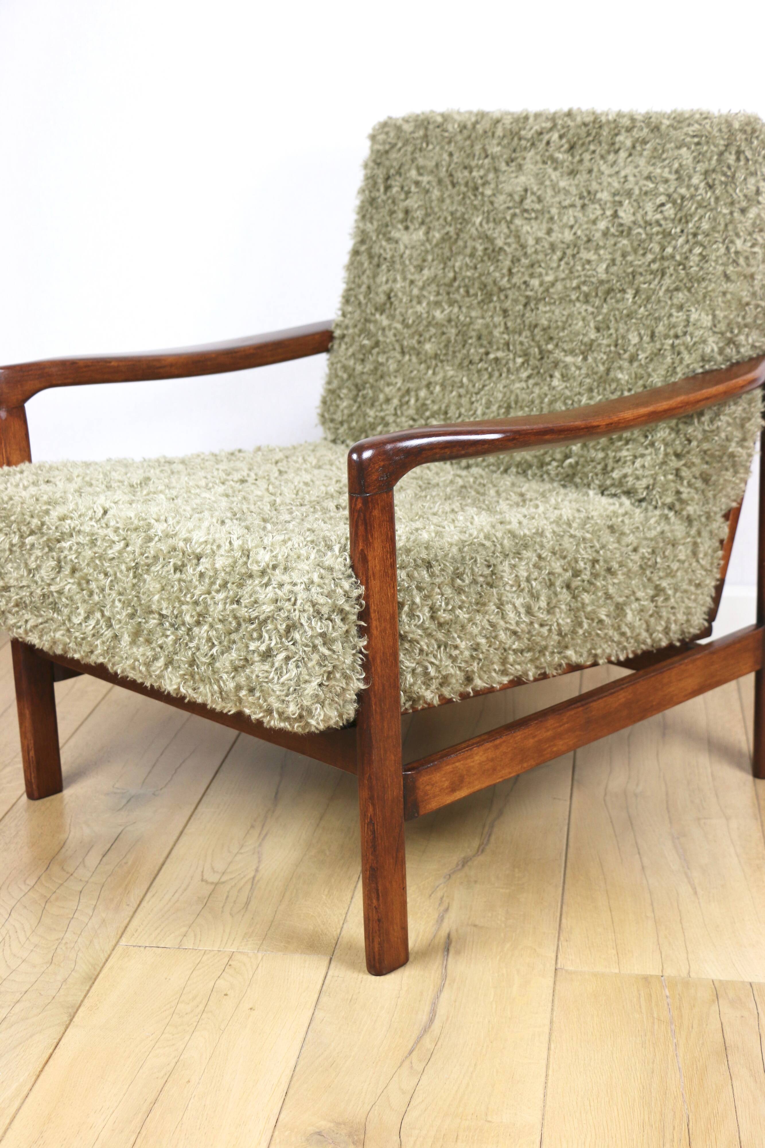 Wooden vintage brown armchair, olive green long hair, design by Z. Bączyk - 2 pieces available