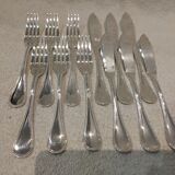 6 fish cutlery pieces, 12 pieces, silver-plated metal, Christofle silversmith, Perles