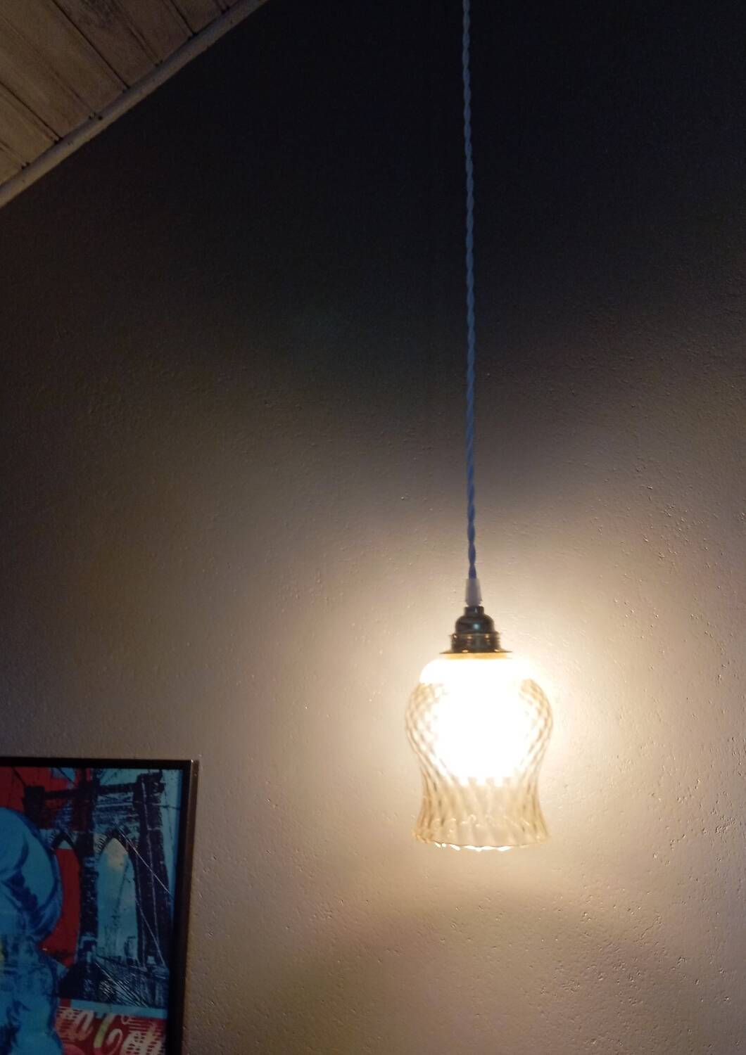 Vintage pendant light, textured amber and granite tulip glass, white twisted cord
