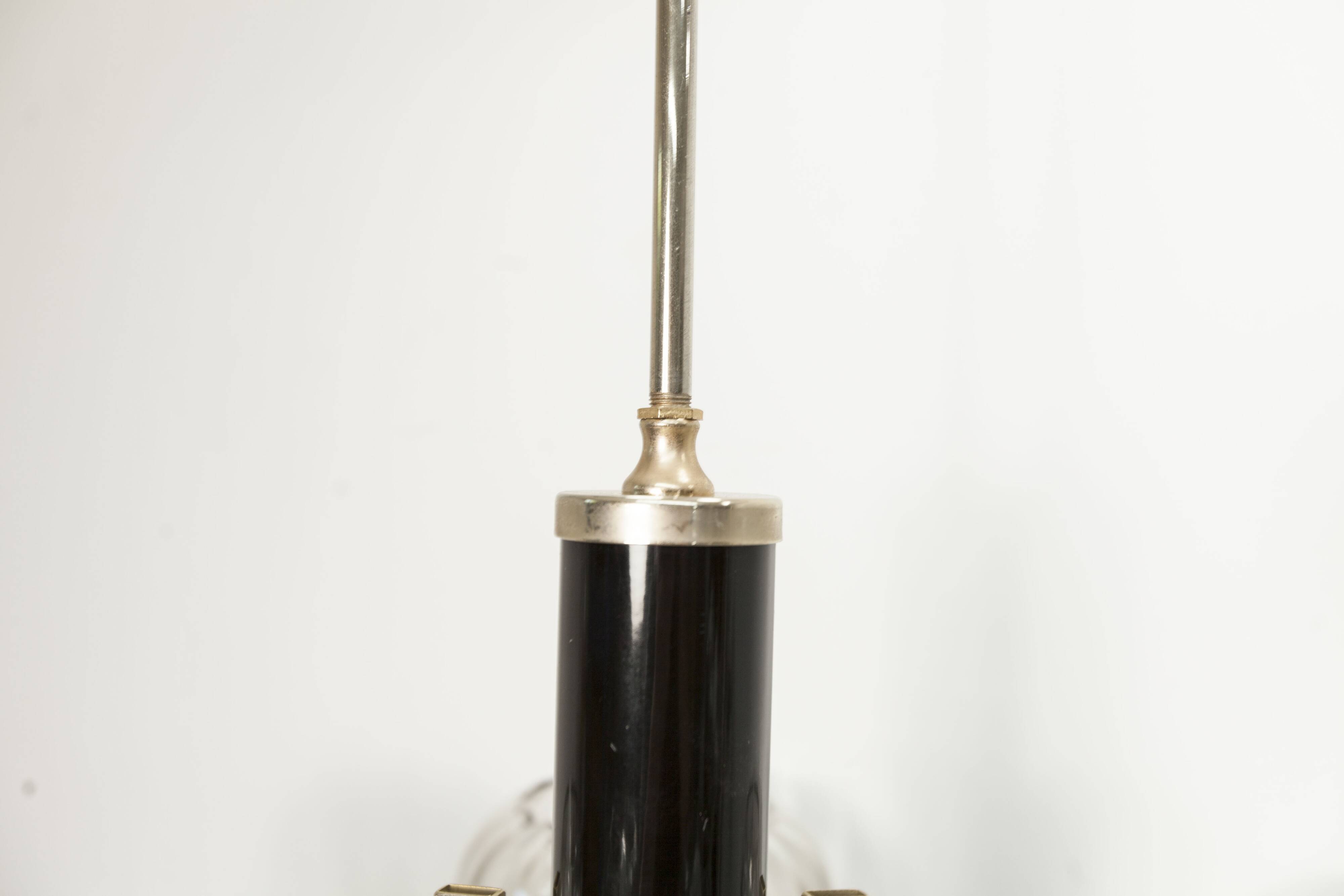 See Delmas chandelier, 3 arms, black and gold, clear glass, 1960