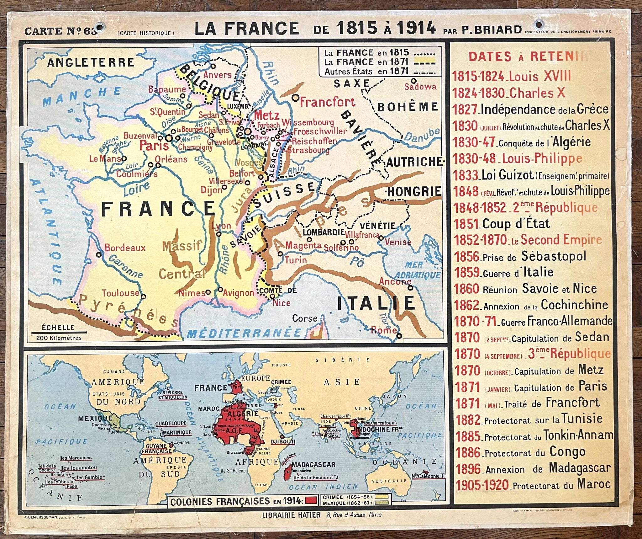 Old school map Hatier Briard 63, 1950 - France 1815 to 1914 (Rep