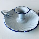 Antique candle holder in white and blue enamelled metal