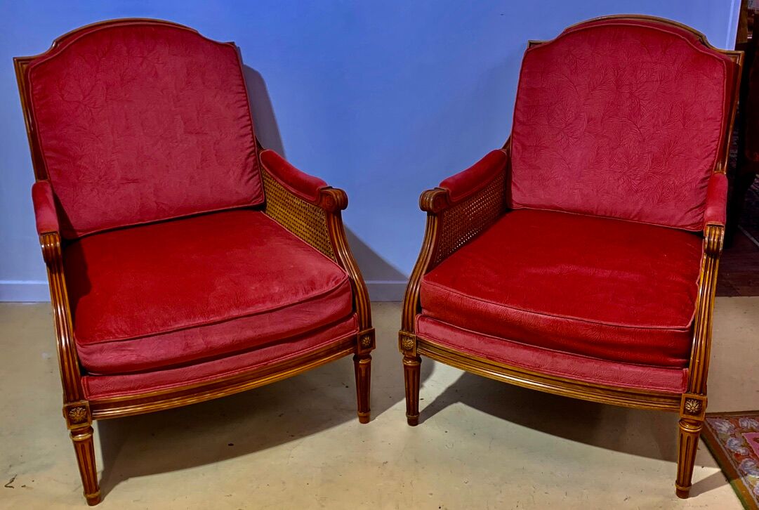 Pair of armchairs in cannage and pink velvet