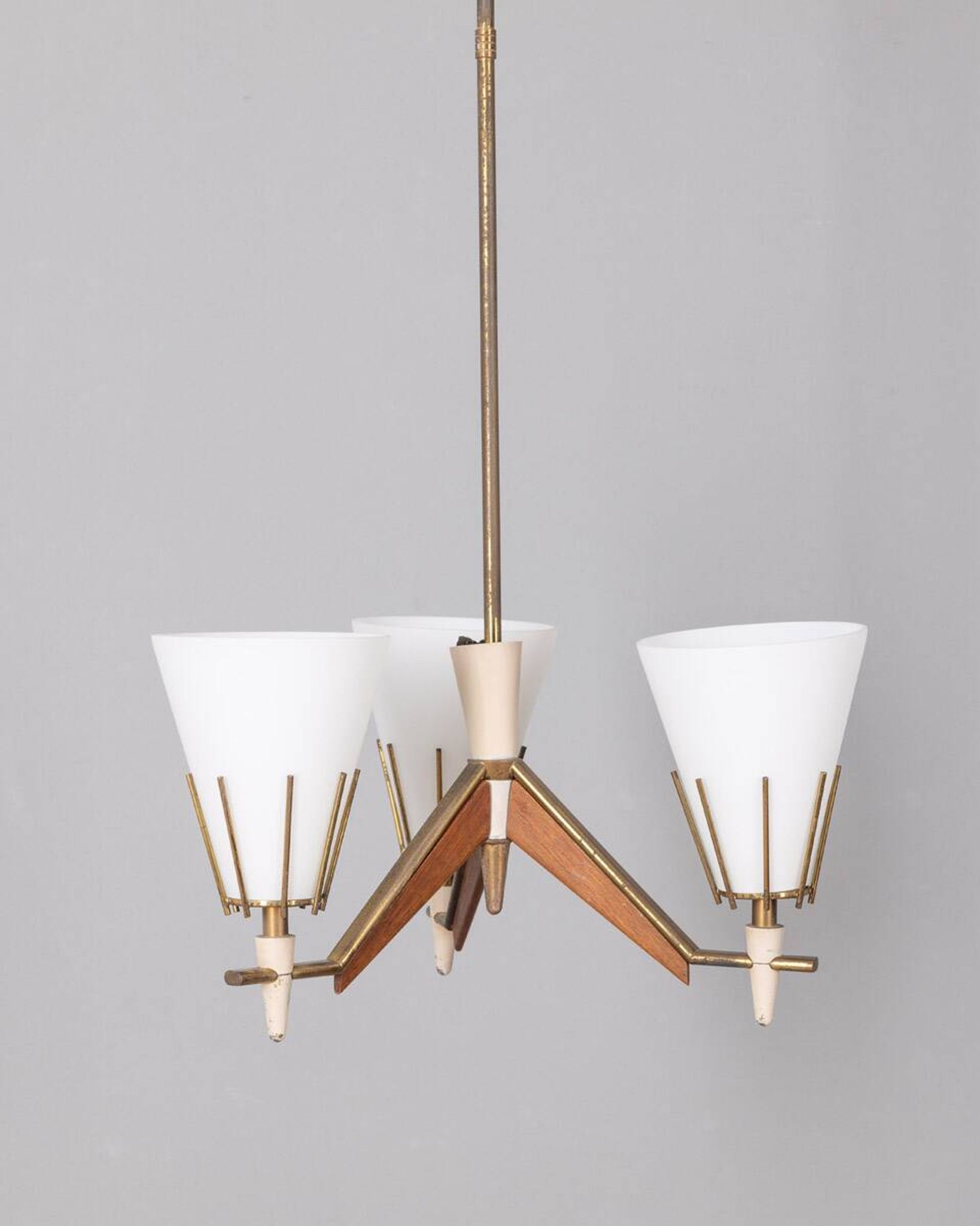 Vintage 50s chandelier in brass, wood and opal glass italian design