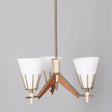 Vintage 50s chandelier in brass, wood and opal glass italian design