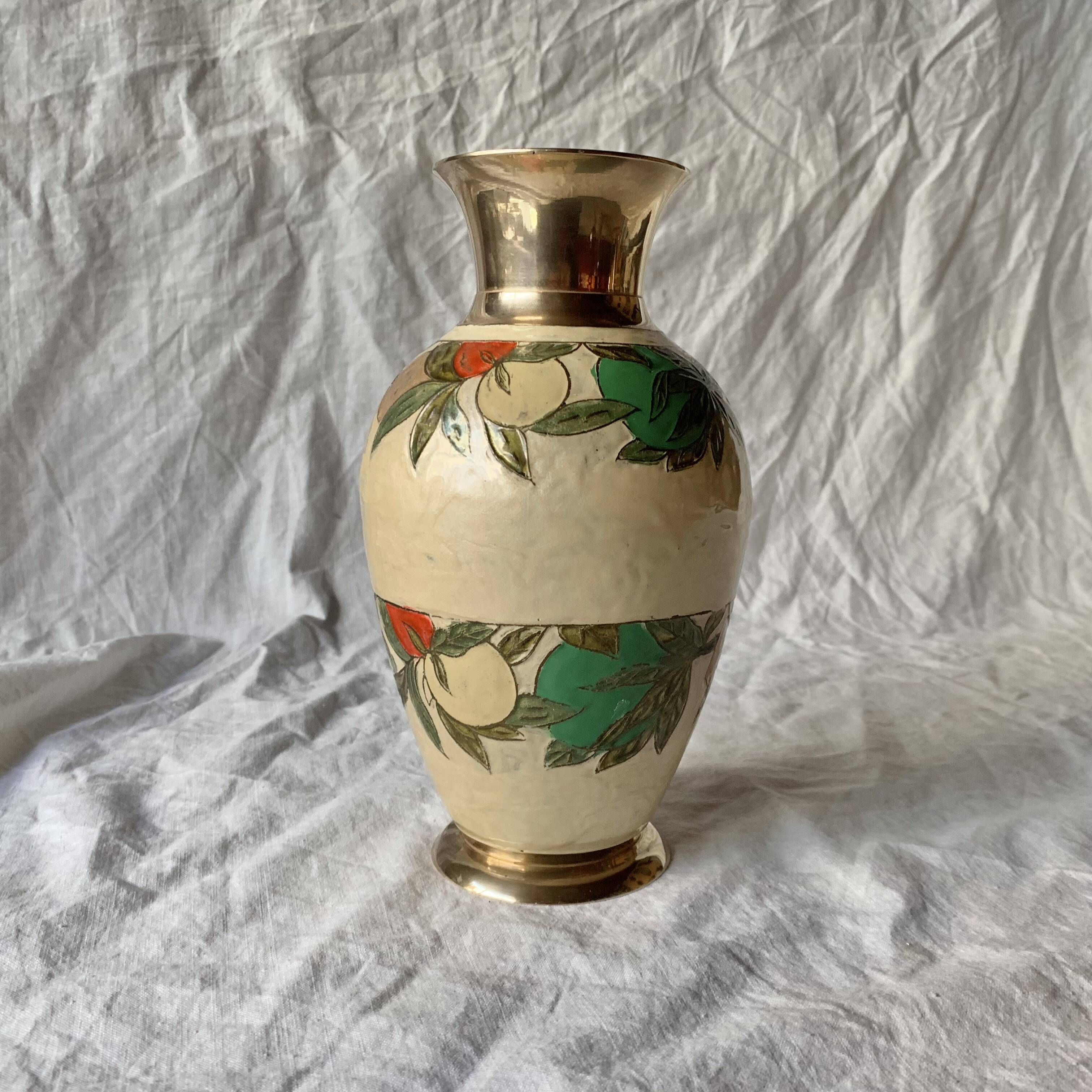 Vintage brass vase with cloisonné enamel floral decoration