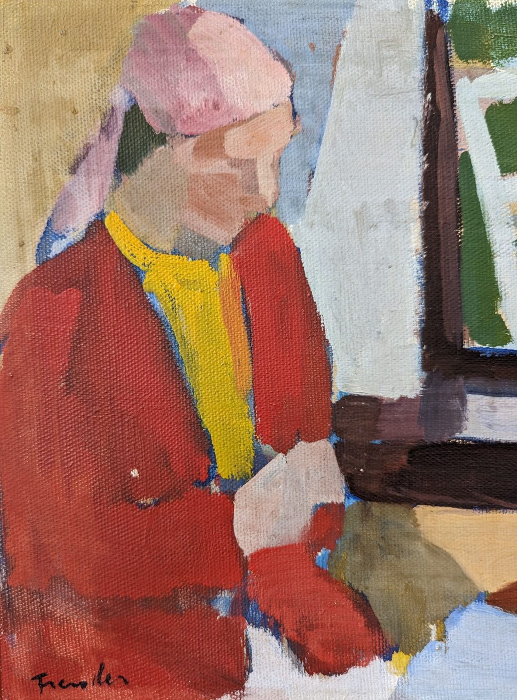 Mid-Century Modern "Window Seat", Swedish Figurative Interior Oil Painting, Framed