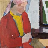 « Window Seat » moderne du milieu du siècle, peinture à l’huile intérieure figurative suédoise, encadrée
