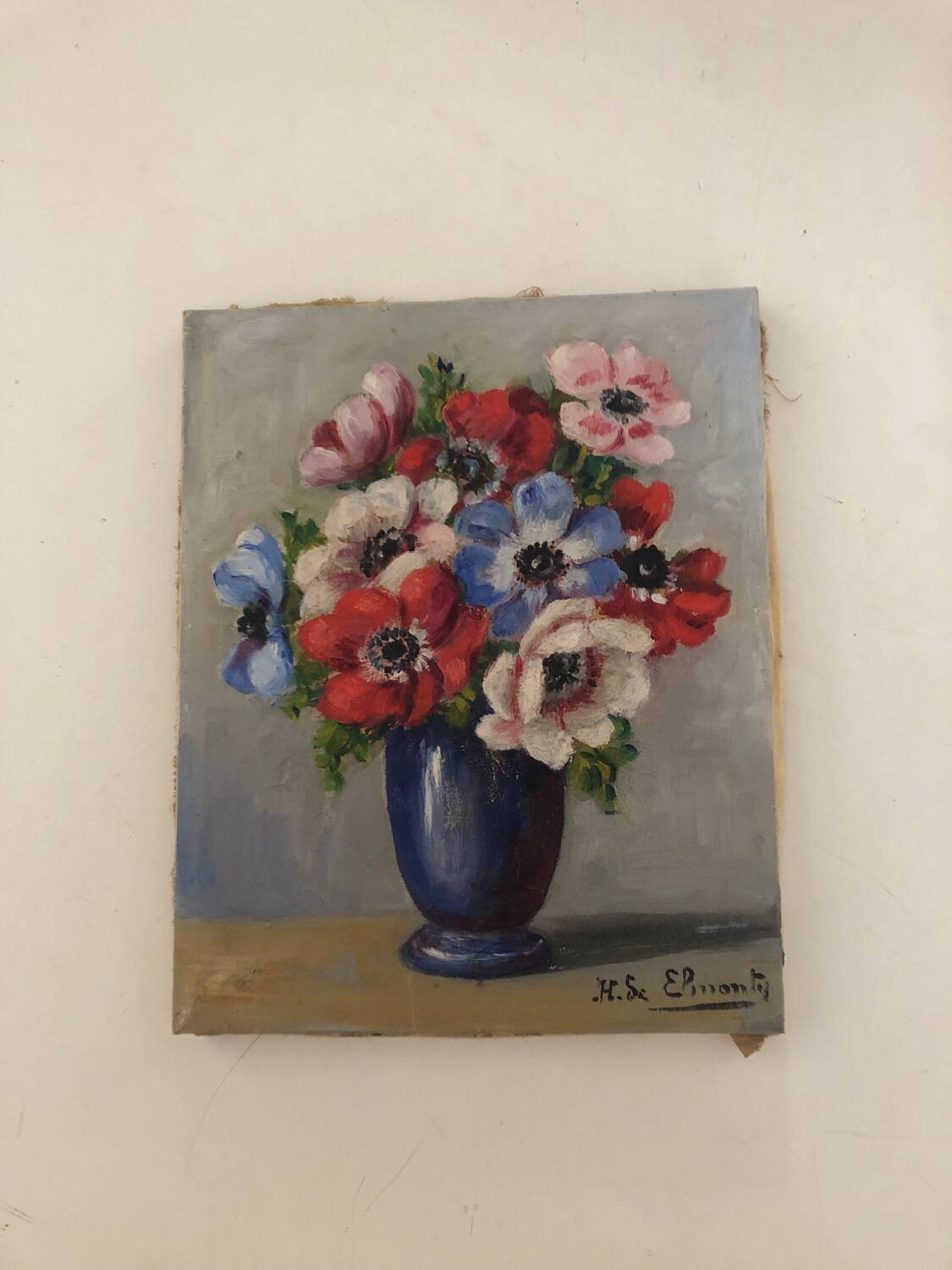 Oil on canvas bouquet of anemones by Henriette de Elmonty