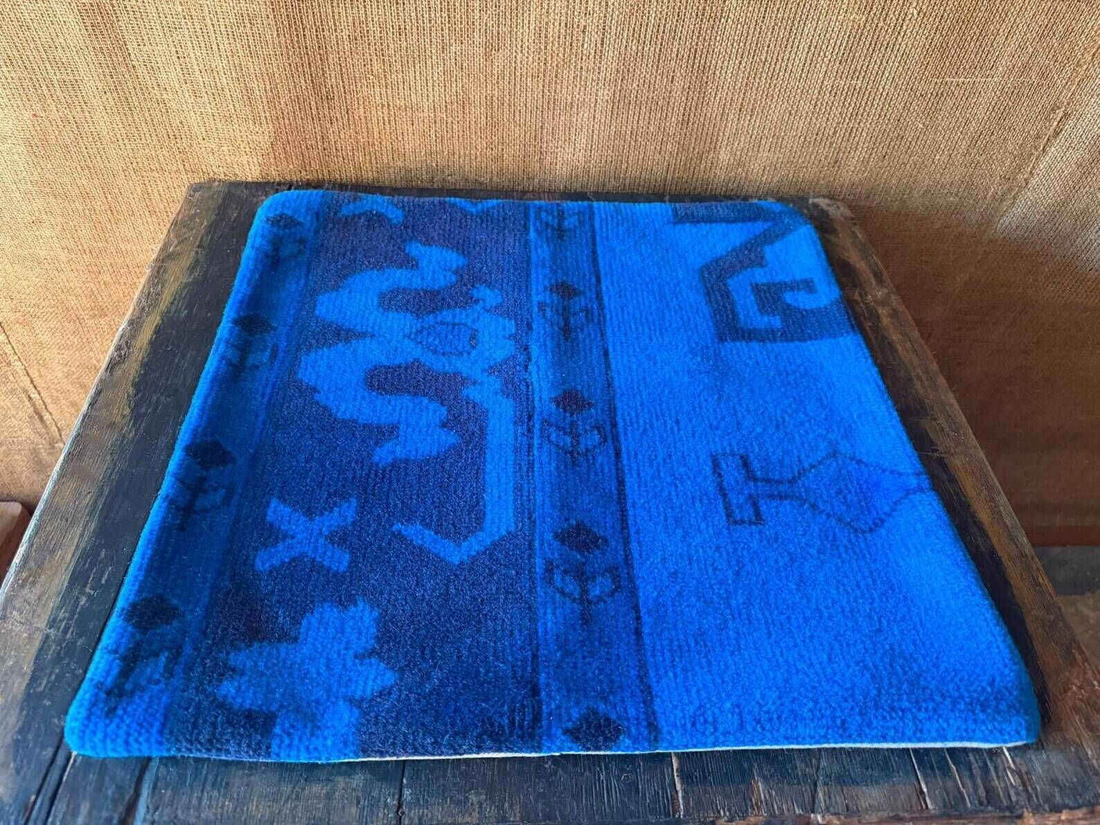 Electric Blue Vintage Turkish Rug Pillow, Hand-Stitched Wool Cushion