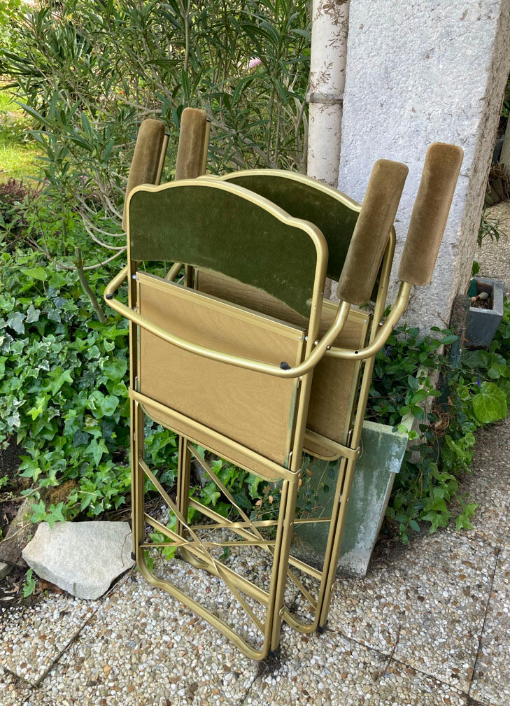 Set of 4 vintage folding armchairs in green velvet