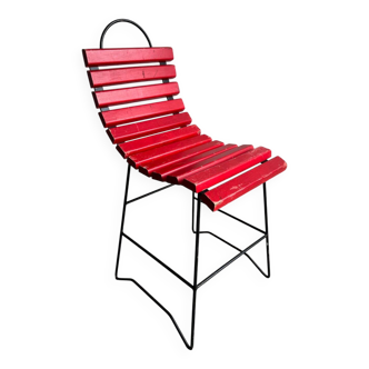 Red painted wood slatted chair with black metal frame — Industrial modern bistro style
