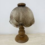 Vintage brutalist glass table lamp with solid oak wooden base , 1970s