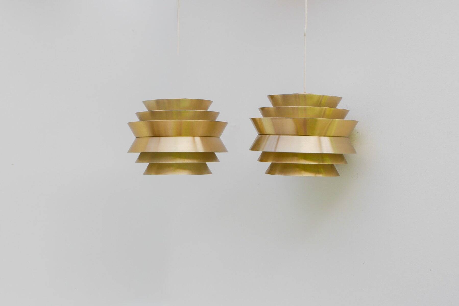 Brass-coloured metal pendant Trava lamps by Carl Thore, Sweden from Granhaga Metallindustri, 1960s, set of 2