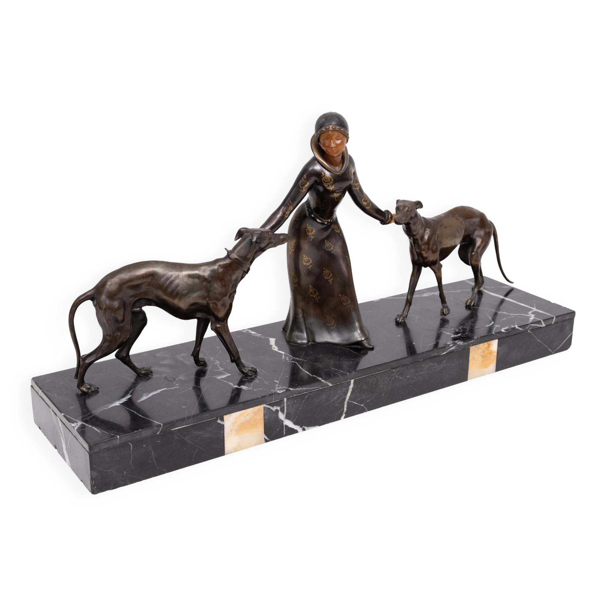Sculpture Art Déco d'une femme avec des lévriers 1920/30 France