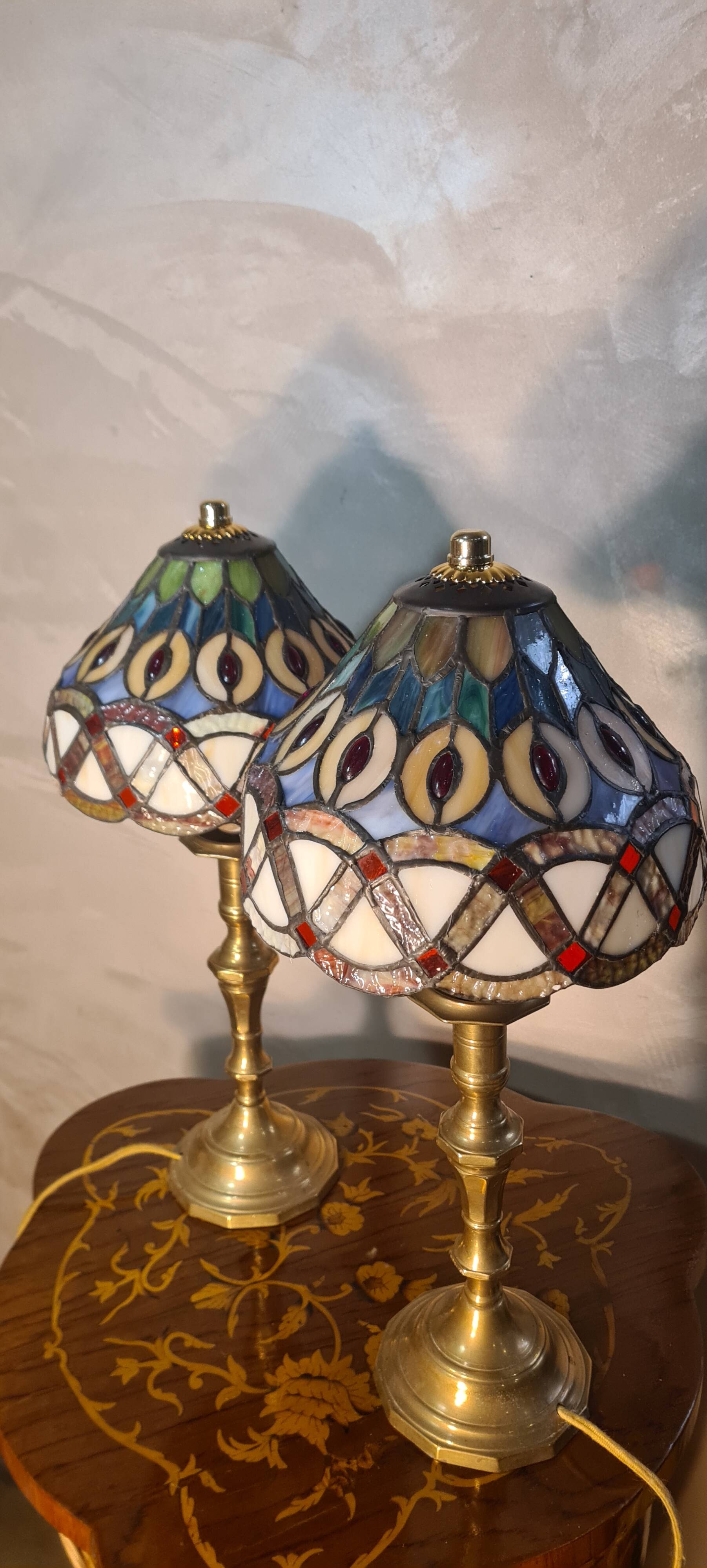 set of antique brass lamps with handmade stained glass, style