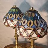 set of antique brass lamps with handmade stained glass, style