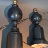 Pair of vintage beech wood lamps in black/grey lacquer.