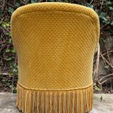 Fauteuil crapaud vintage jaune moutarde velours floqué