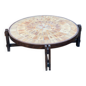 Vintage Roger Capron coffee table, ceramic and herbarium design, 105cm