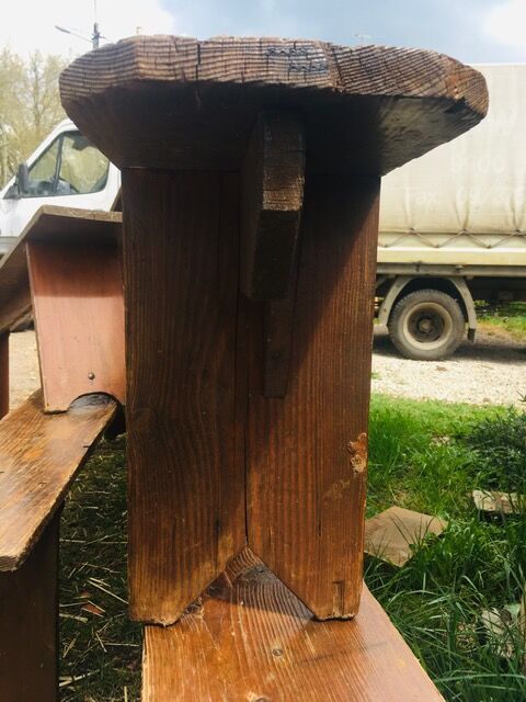 lot of 10 '30s bistro benches in pretty pattine fir