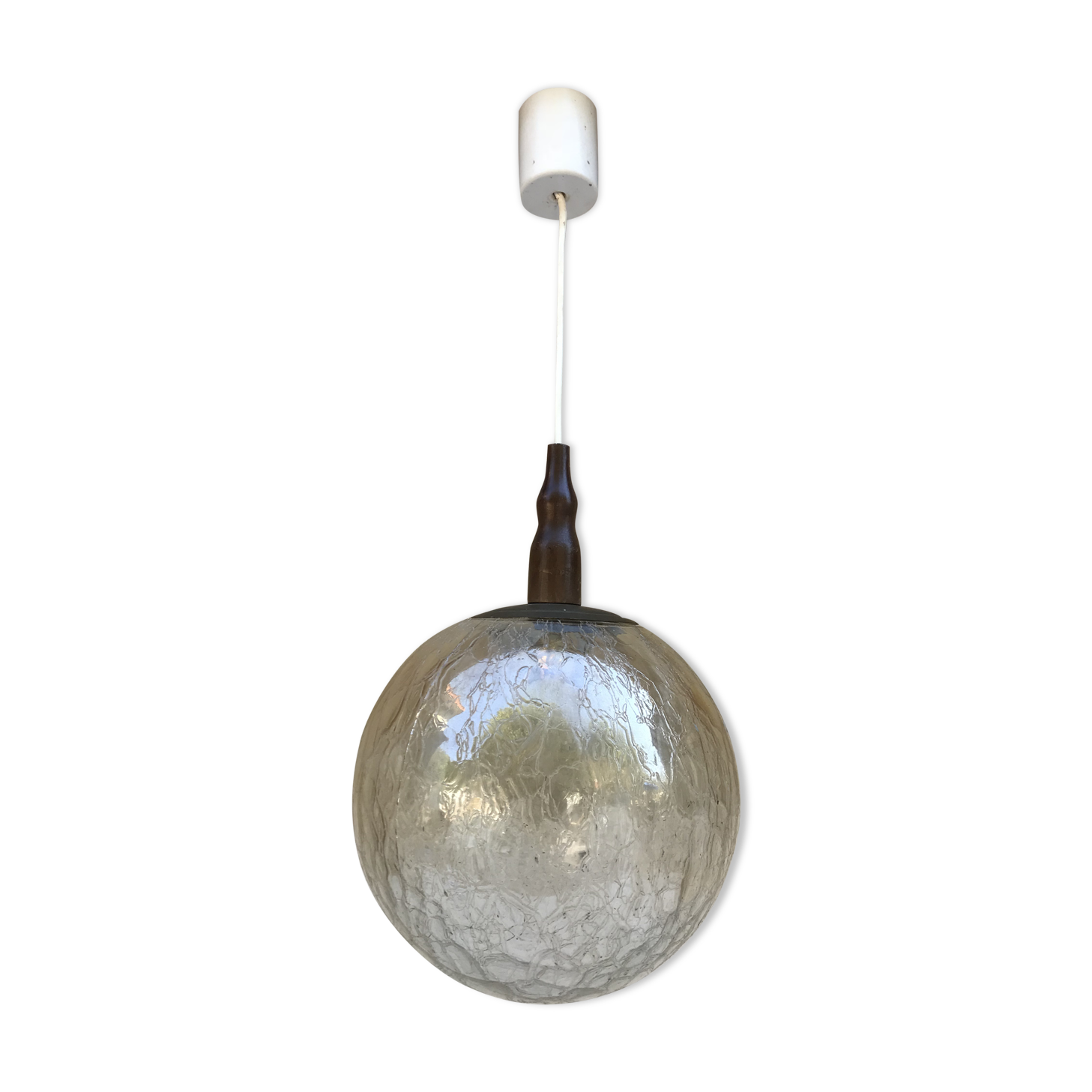 Suspension old crackled glass ball + Support brass wood Vintage