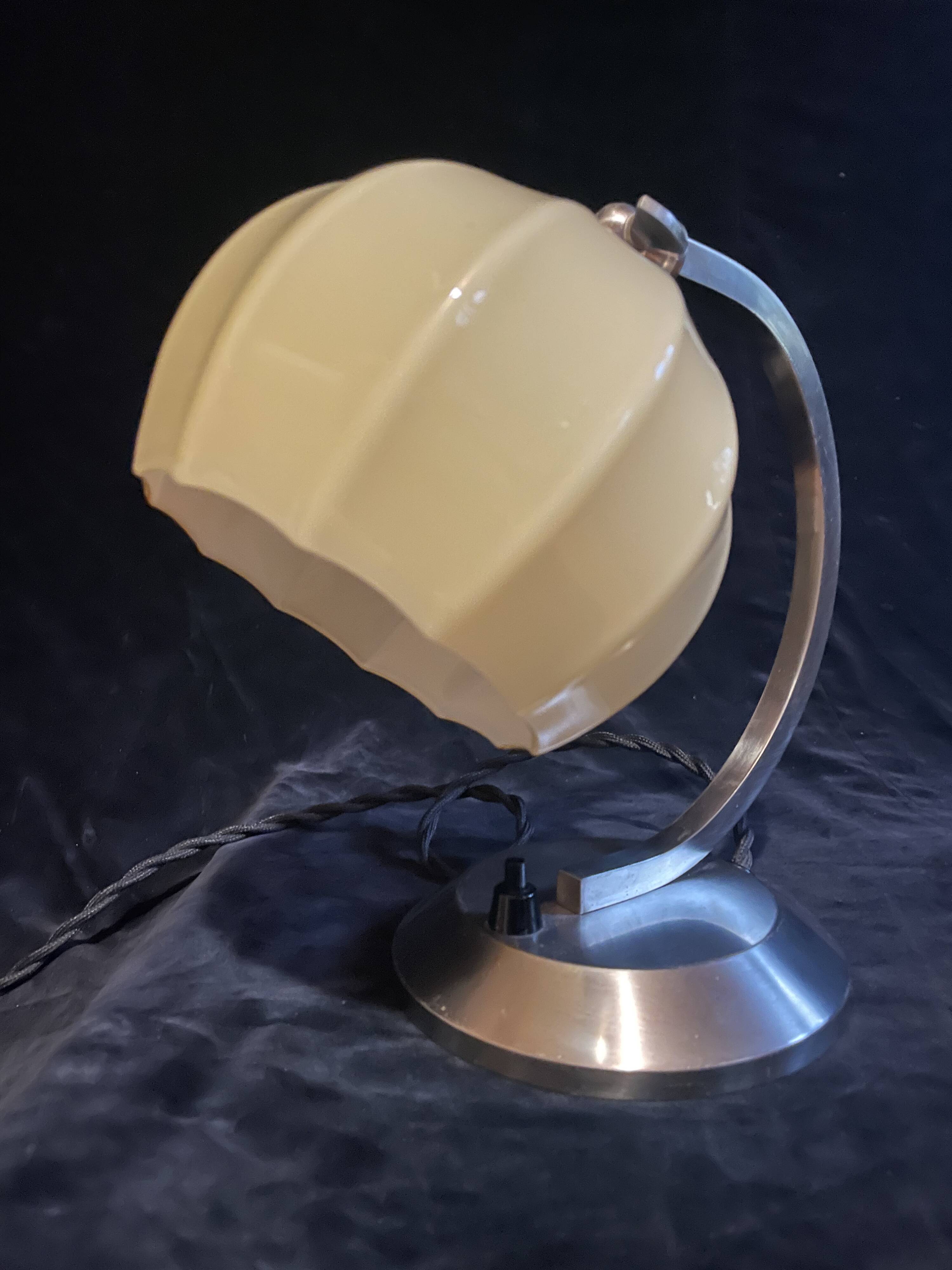 Art Deco bedside lamp, opaline/nickel brass, 1930s.