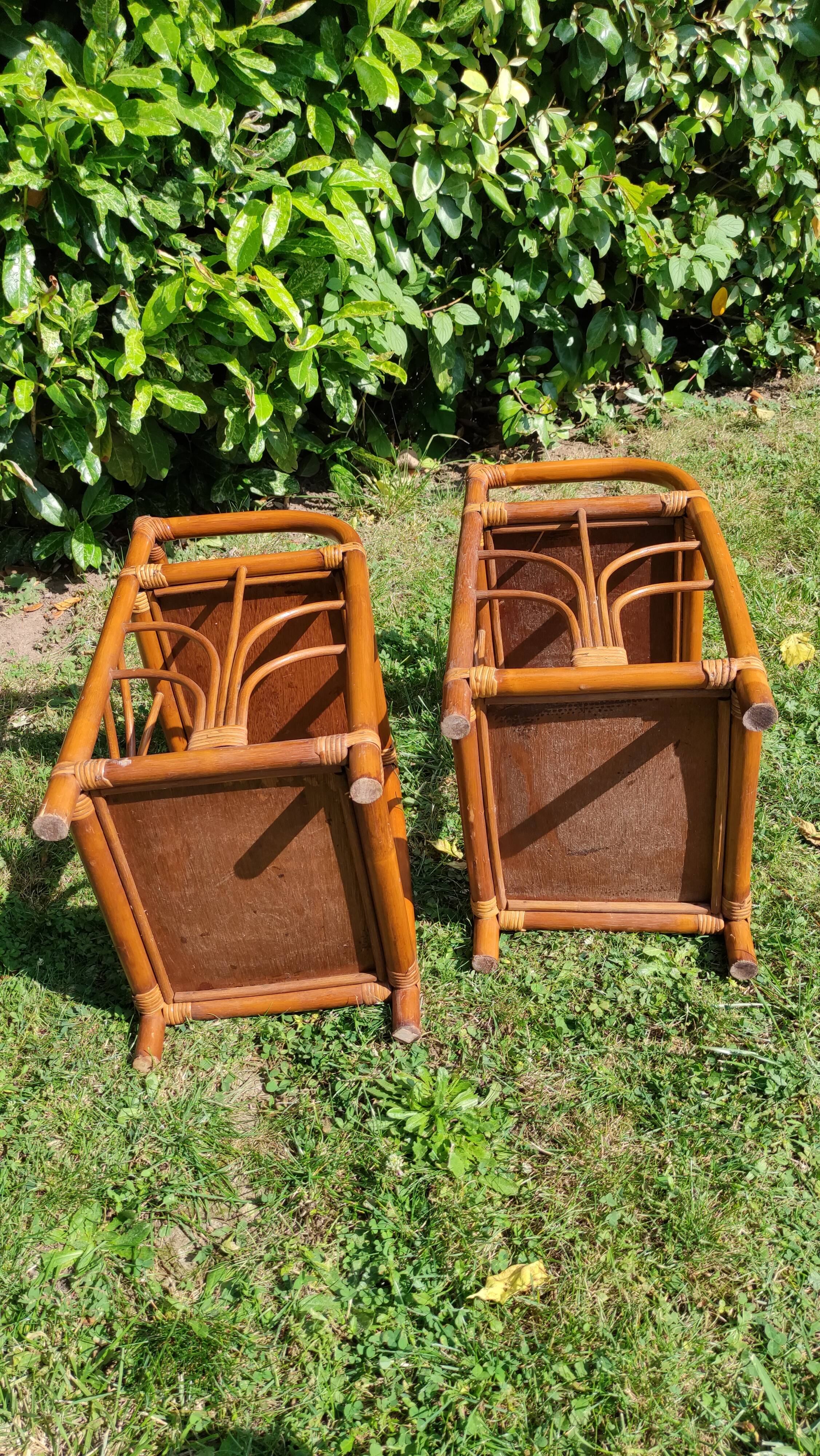 Bamboo and rattan bedside table pair