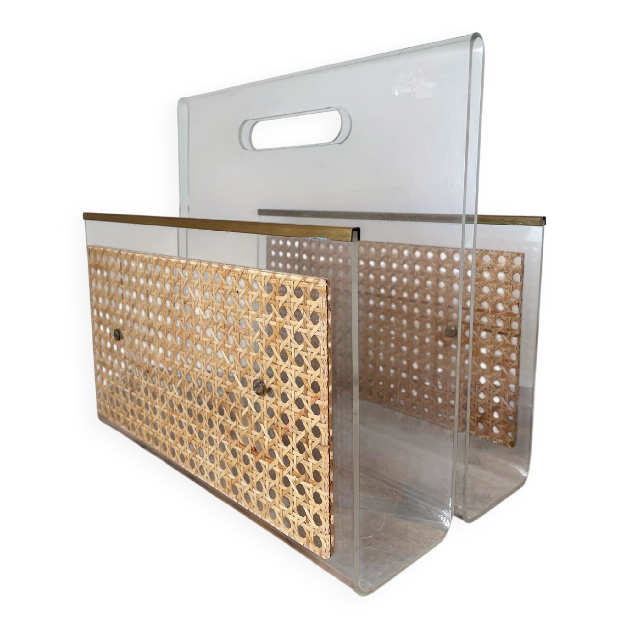 Magazine rack in plexiglass, brass and cane, 1970
