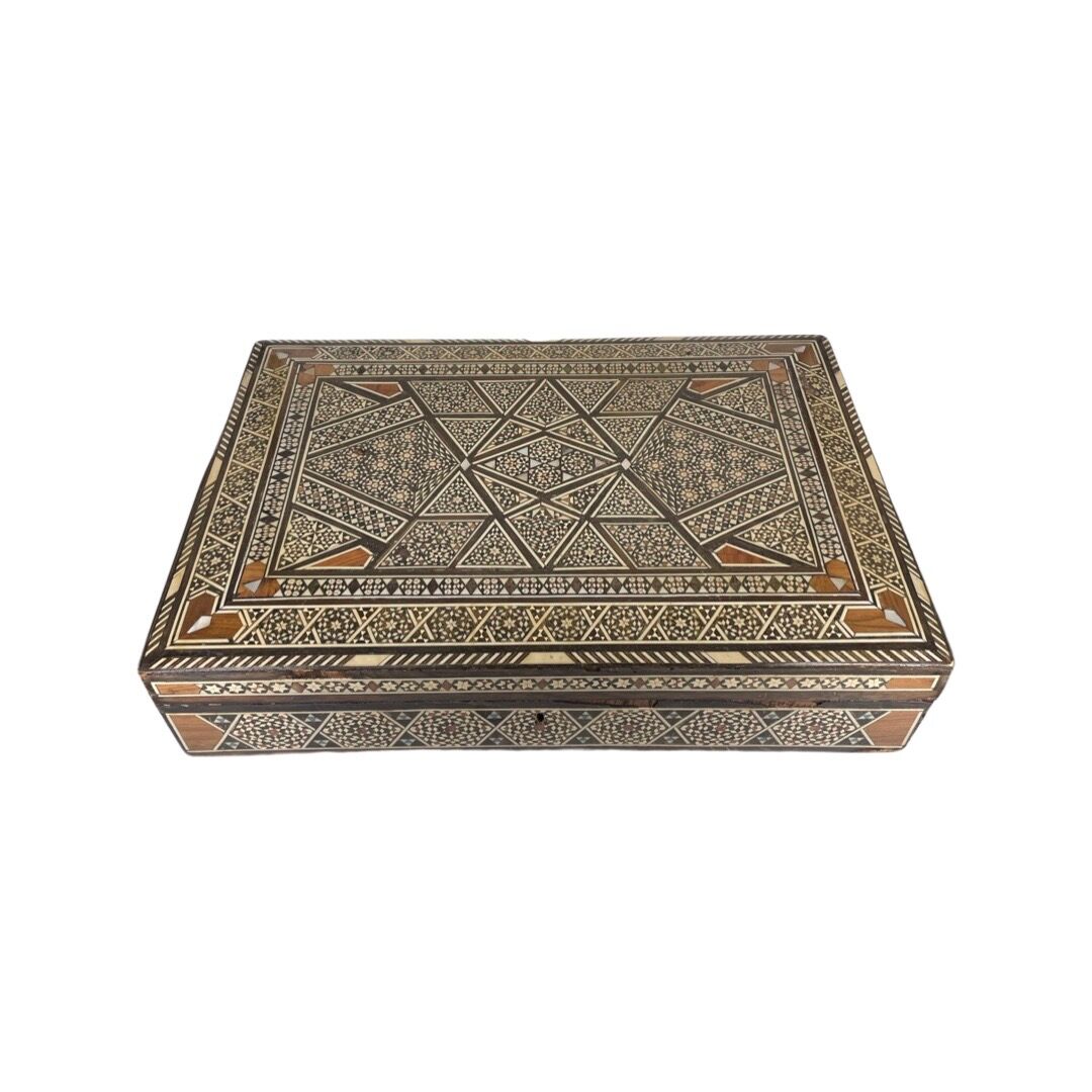 Large Persian marquetry box inlaid with its key