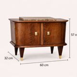 Small vintage 1950s wooden buffet with marble top and tapered legs.