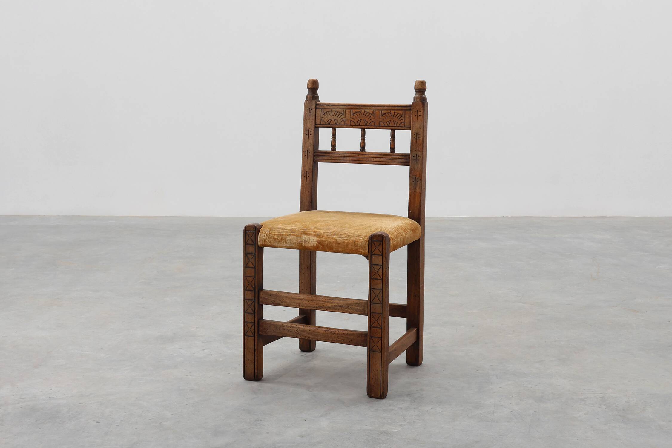 19th Century Spanish Hand-Carved oak Side Chair with Velour Seat