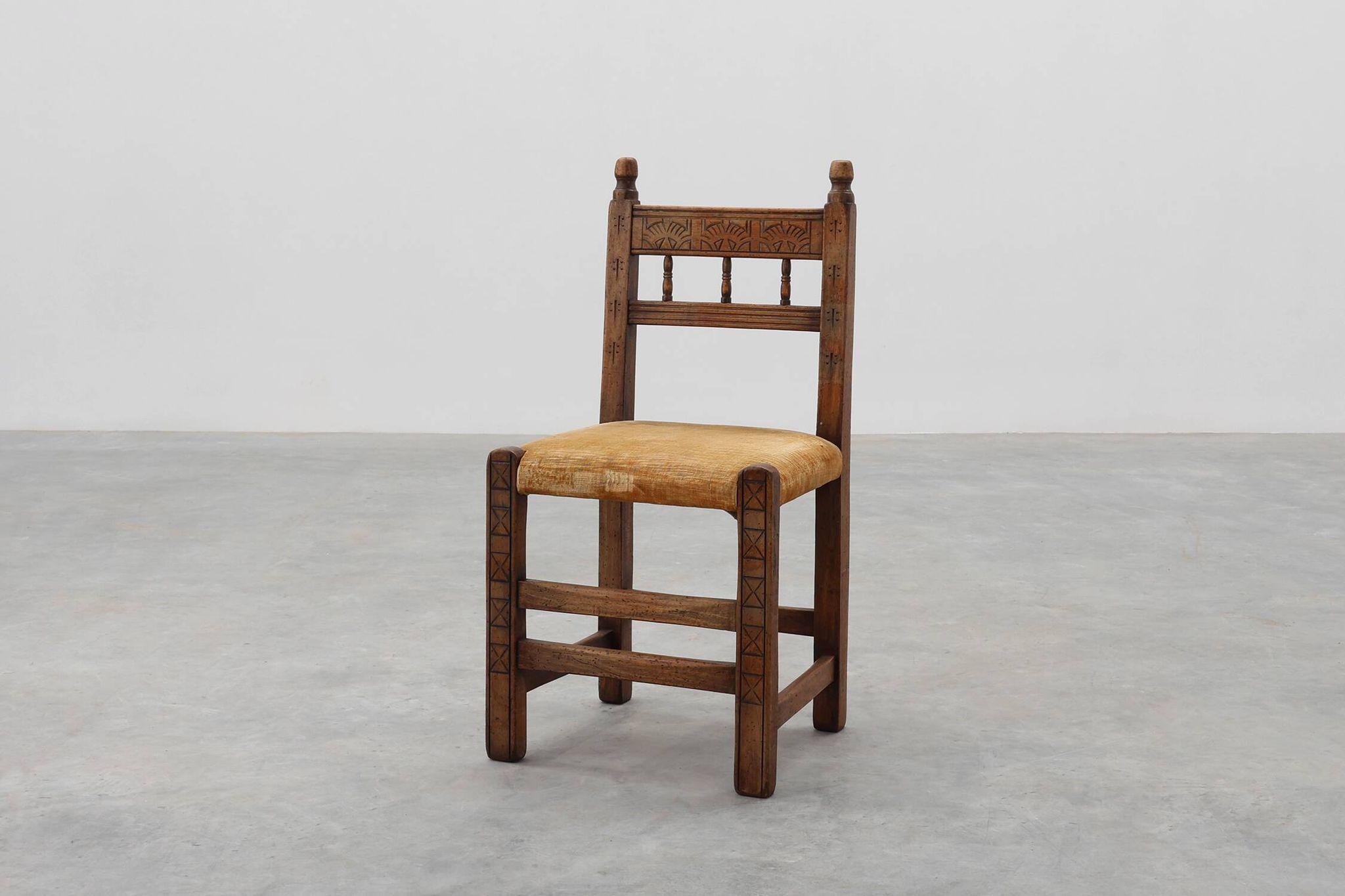 19th Century Spanish Hand-Carved oak Side Chair with Velour Seat