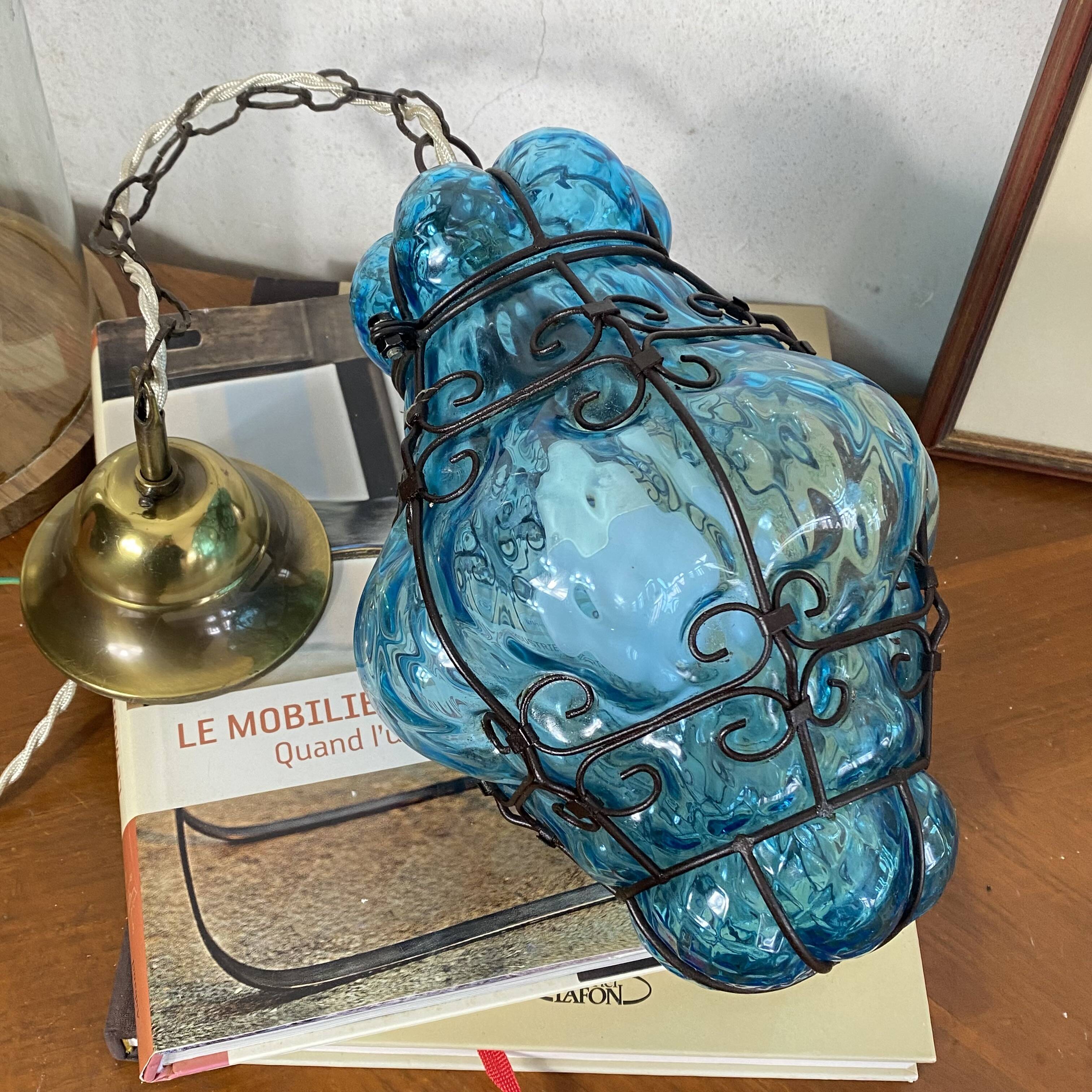 Old suspension glass cage blown Venetian lantern blue