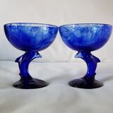 Set de 2 tasses à dessert dauphin en verre bleu