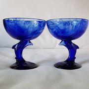 Set of 2 dolphin dessert cups in blue glass.