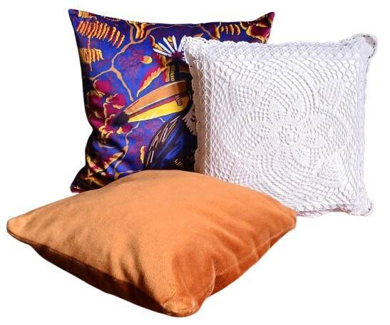 Set of 3 vintage cushions. 2 in velvet & 1 crocheted.