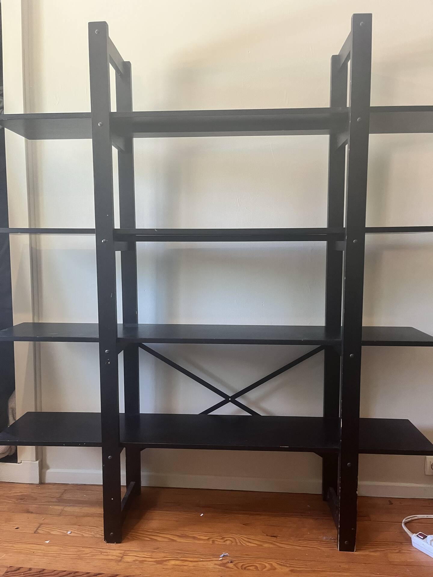 Large vintage bookshelf in solid black wood, Scandinavian style.