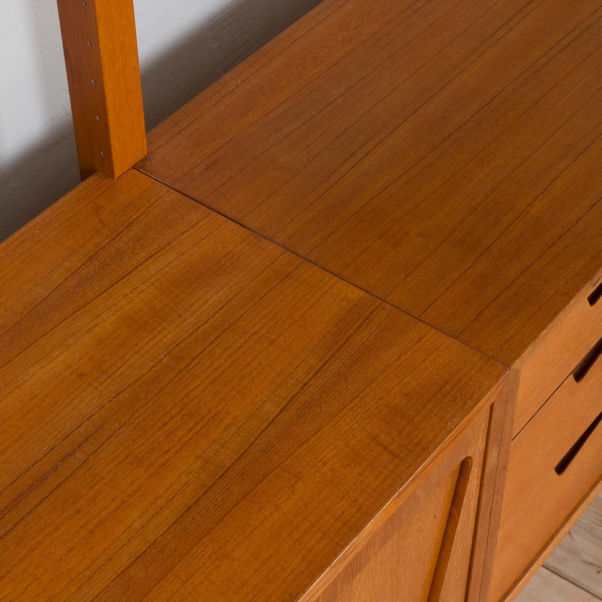 Rival 2 bay free standing teak wall unit with 3 cabinets and 3 shelves by Brodrene Jatogs Norway, Kj
