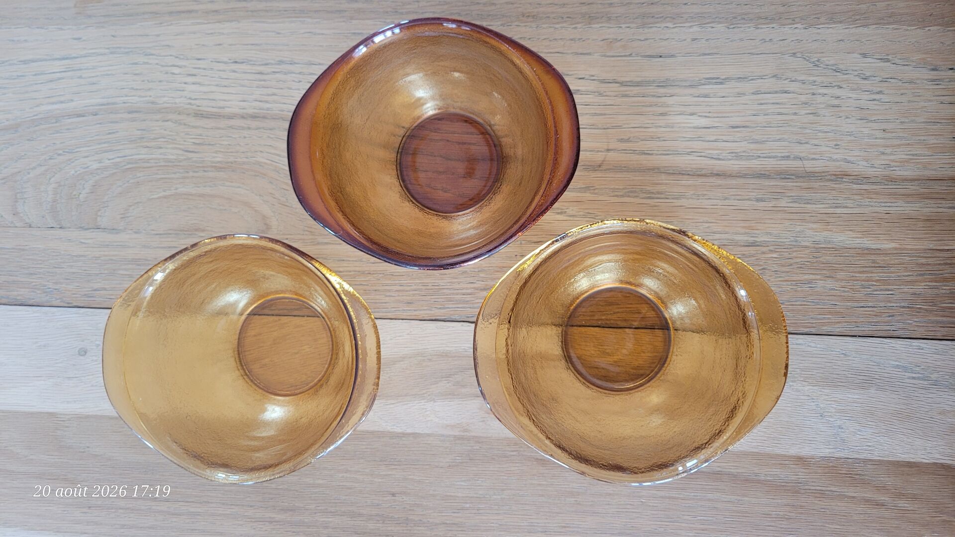 3 frosted glass bowls, amber