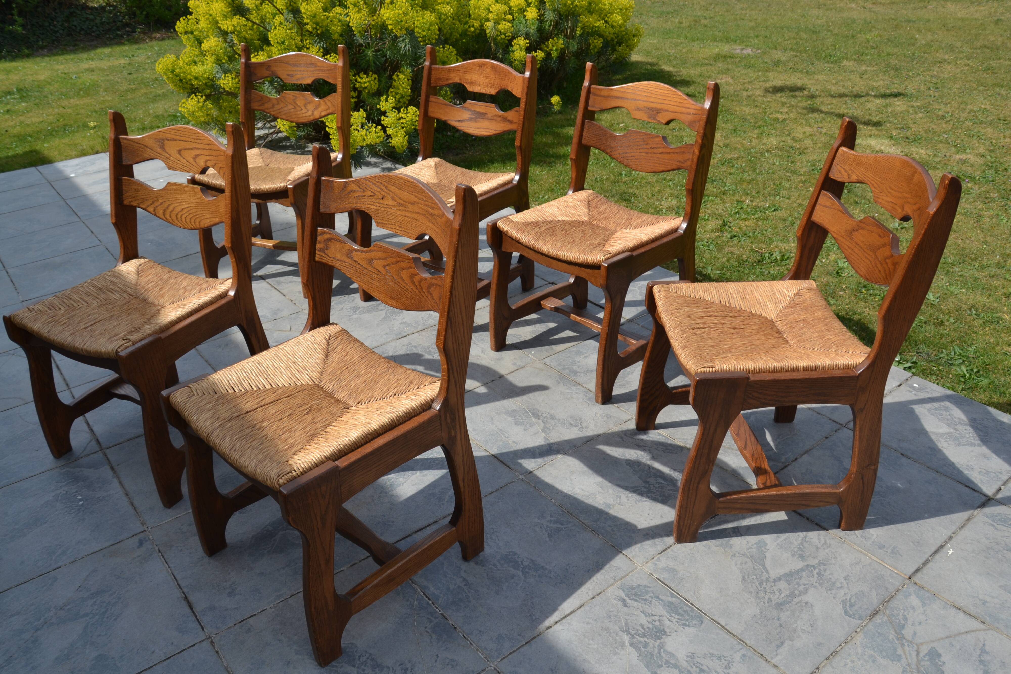 6 solid oak and straw chairs Guillerme et Chambron