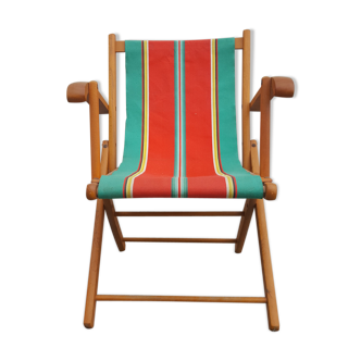 Folding armchair wood and canvas, vintage, 60s