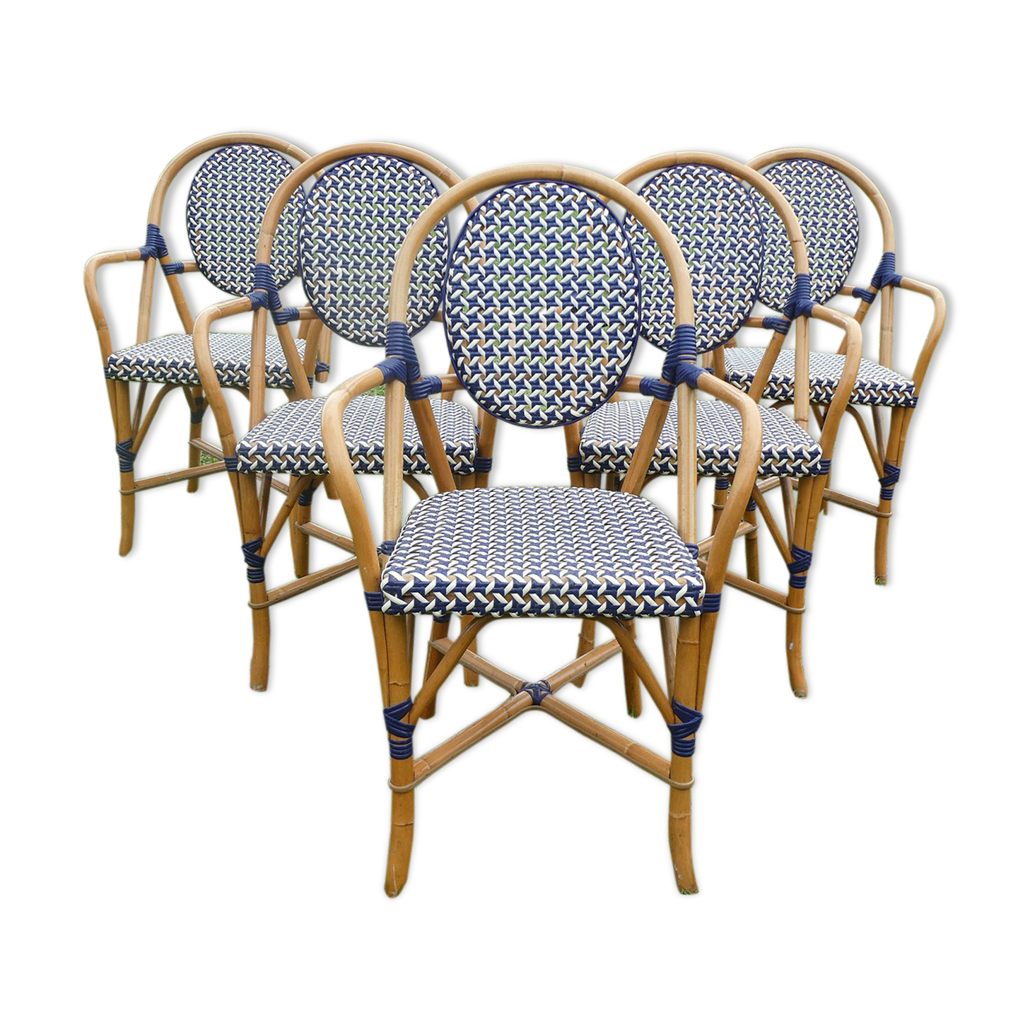Lot de 5 fauteuils bistrot de terrasse type "parisienne" blanc et bleu