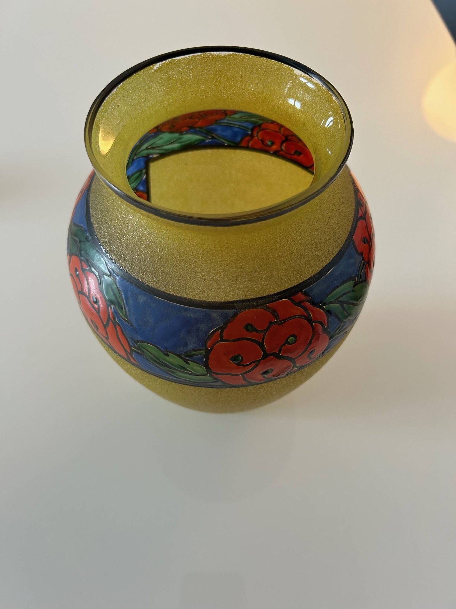 Art Deco vase from the 1930s in enamelled glass by Leune glassworks