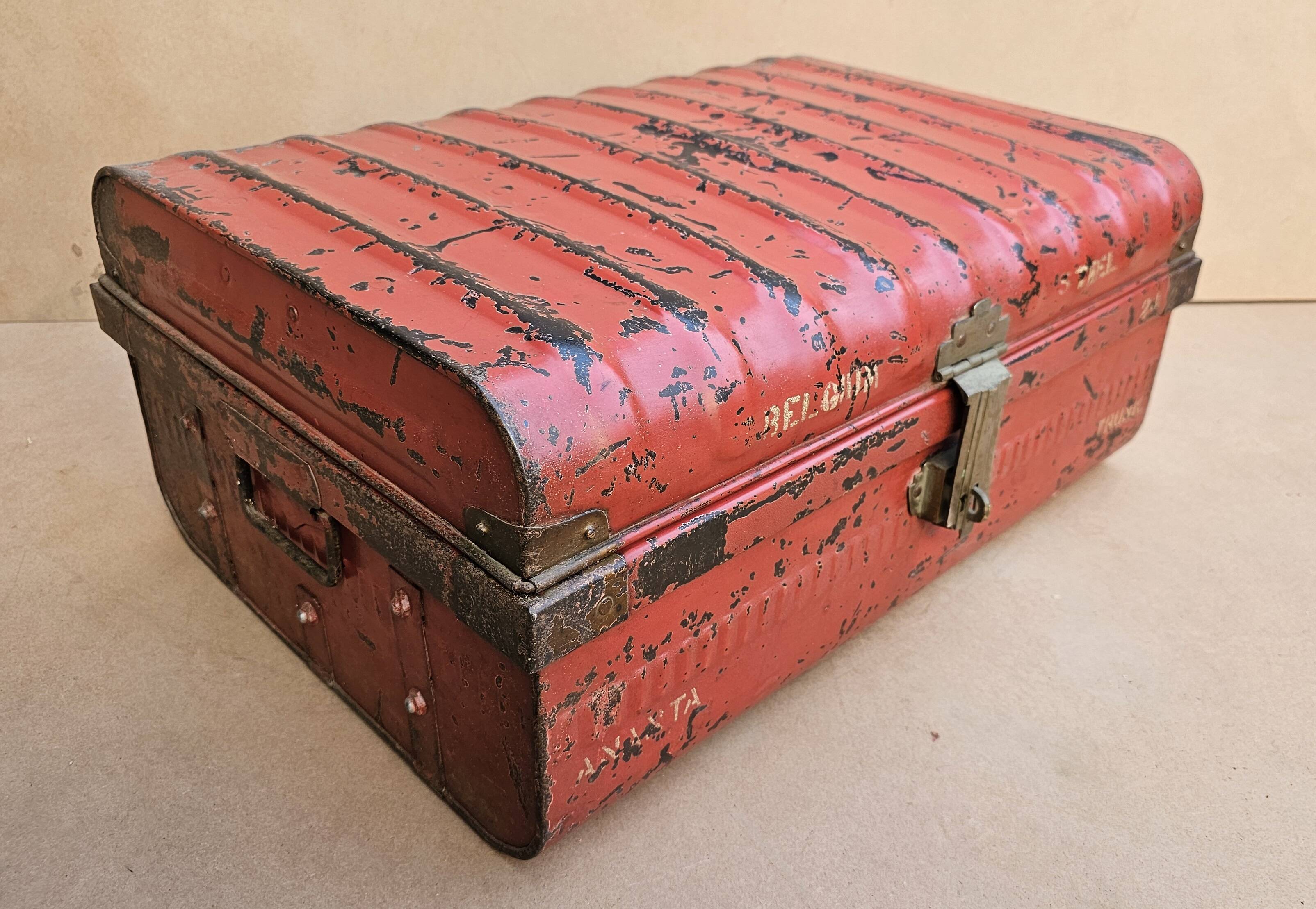 Old metal and brass travel trunk from the Indian Railway
