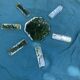 6 knife holders and a bottle bottom, glass, beveled mirror