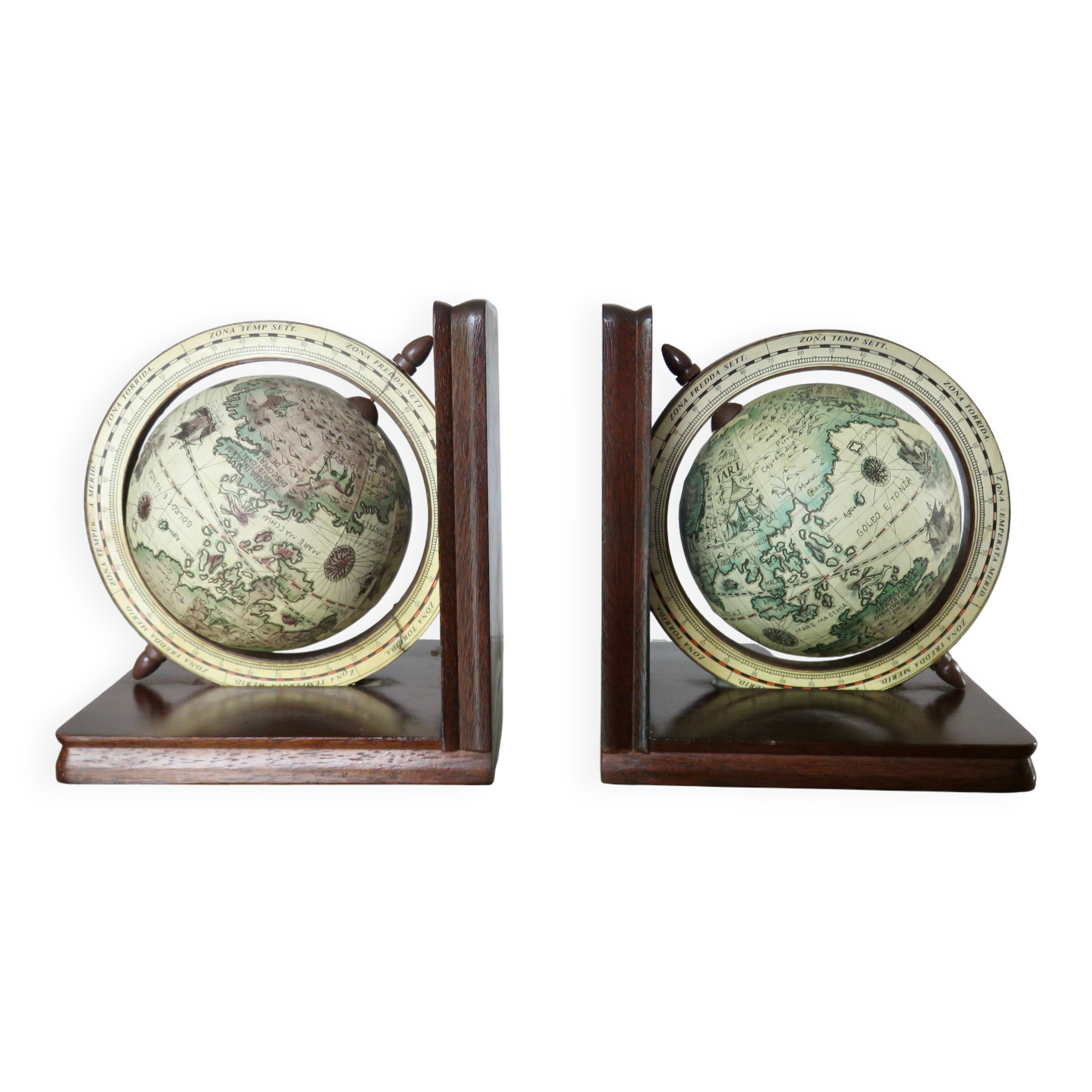 Paire de serre livres "globe terrestre" en bois, années 70