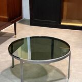 70s design round coffee table, metal and smoked glass