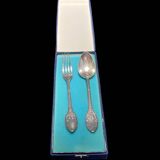 Fork and soup spoon in silver metal in their box from the brand "CERAVER OSTEAL"