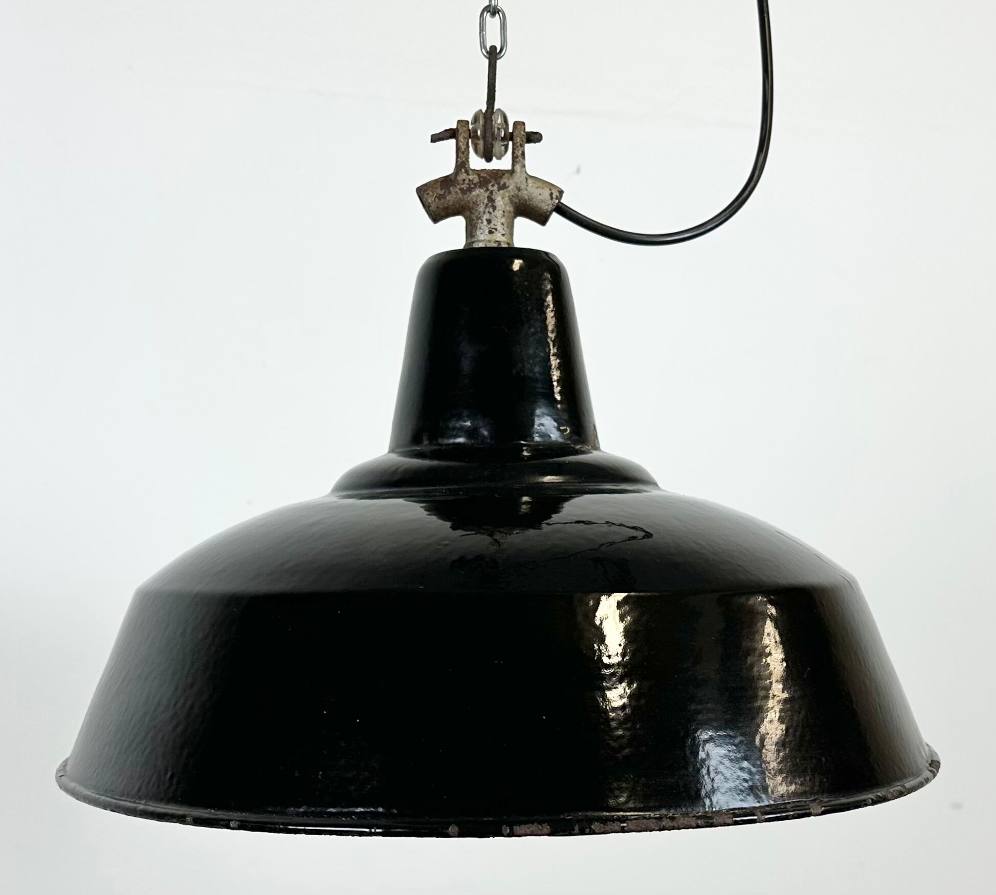Industrial Black Enamel Factory Lamp with Cast Iron Top, 1950s